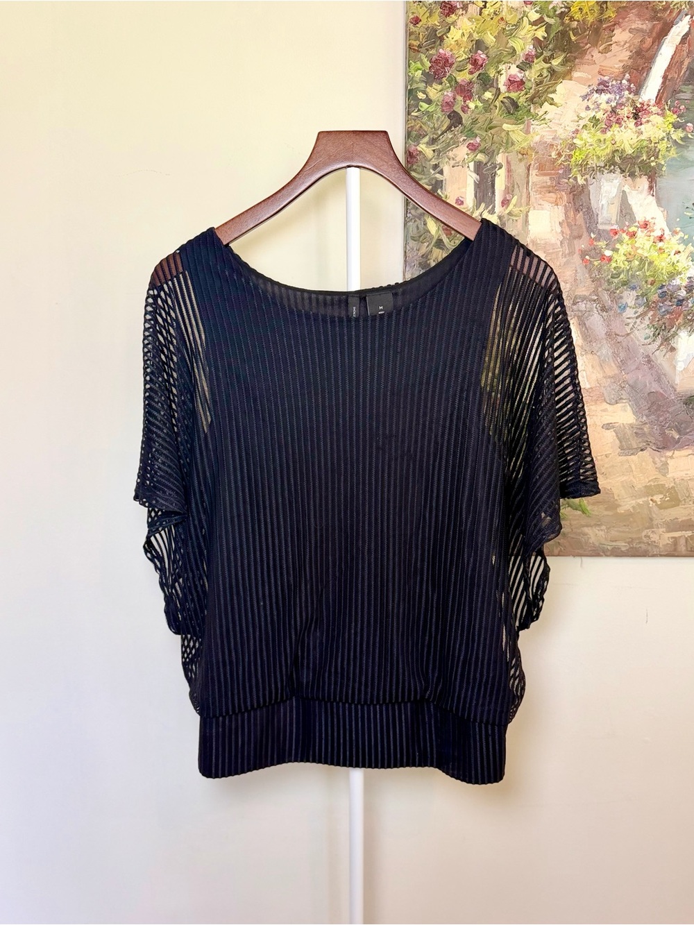 New Directions Black Pleated Blouse Sheer Batwing Dolman Sleeves Medium